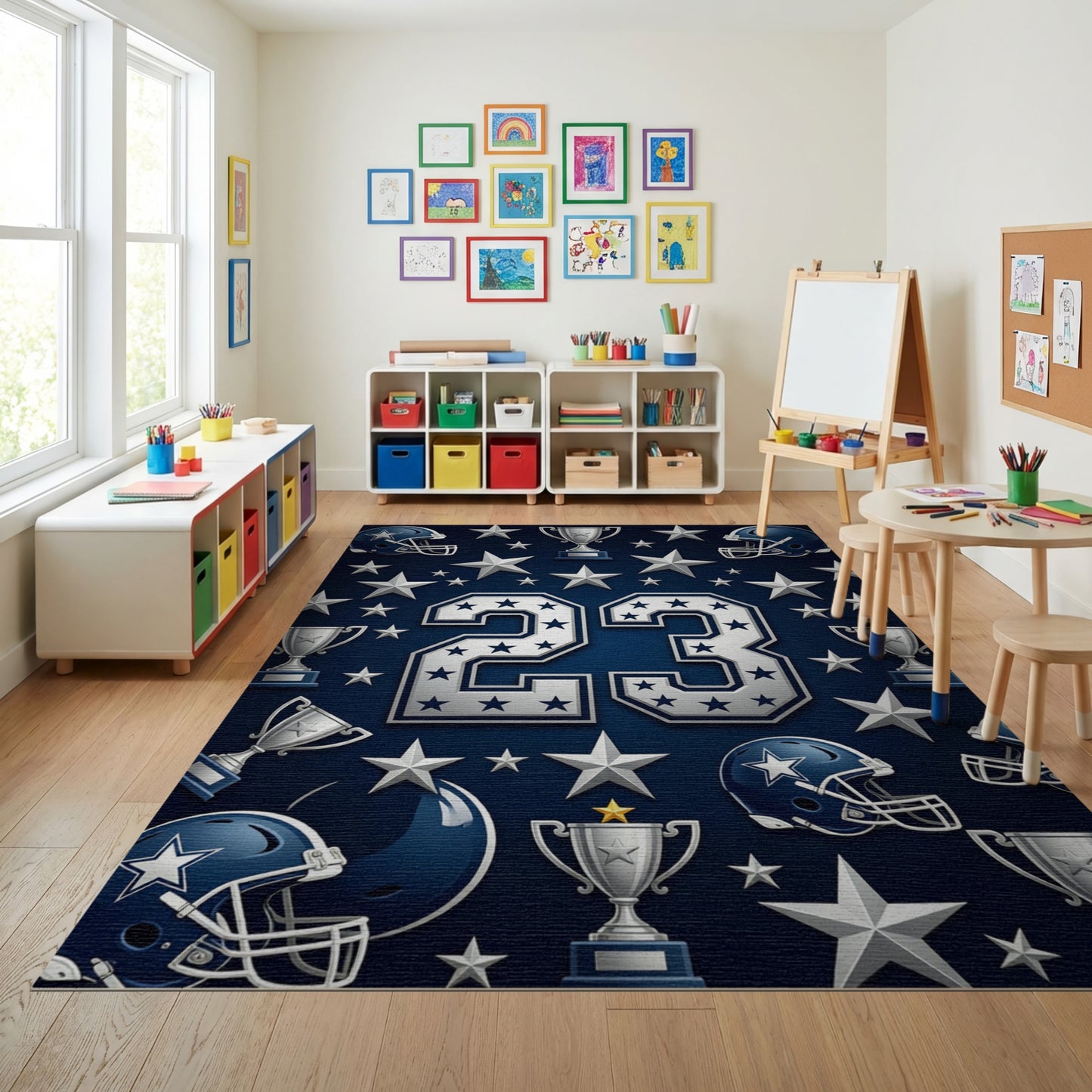 Navy Silver 23 Helmets Stars Trophies Rug