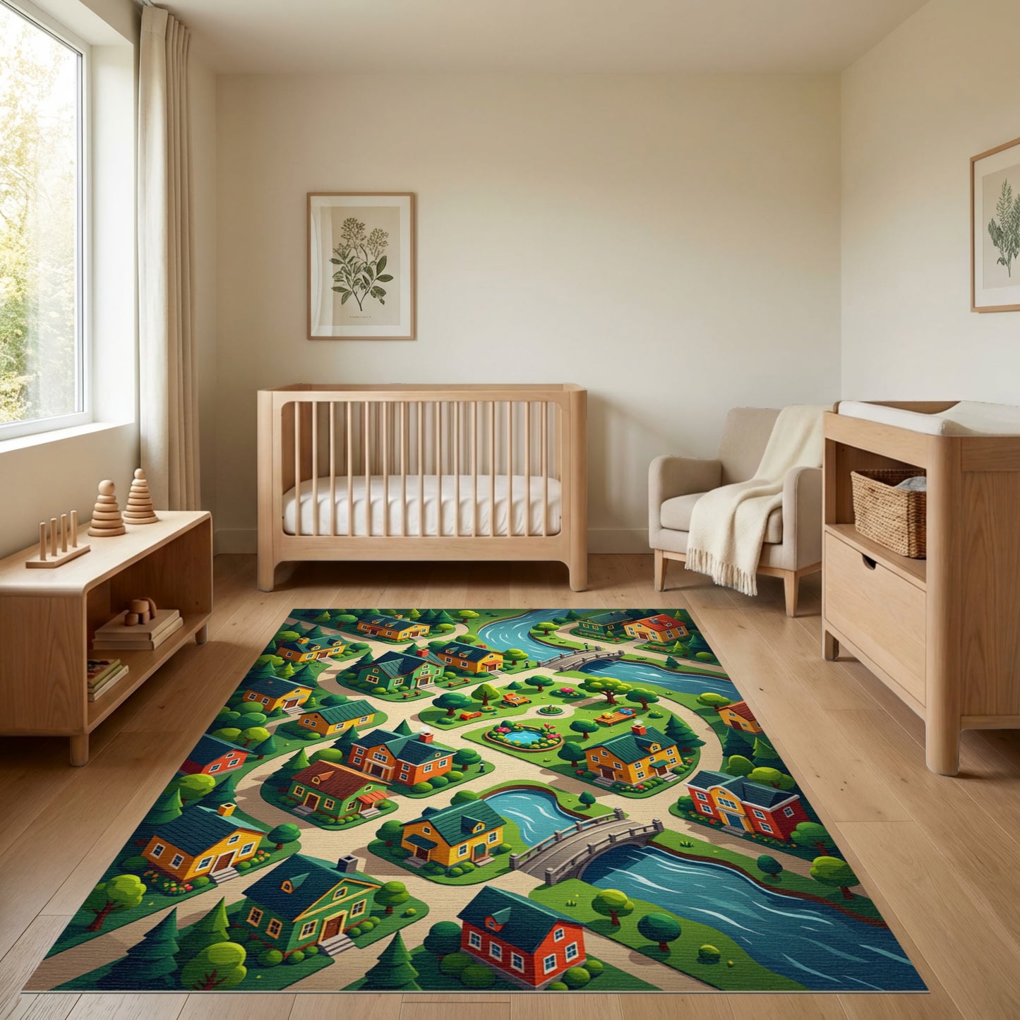 Whimsical Colorful Village River Forest Rug