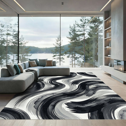 Monochromatic Abstract Fluid Swirl Art Rug