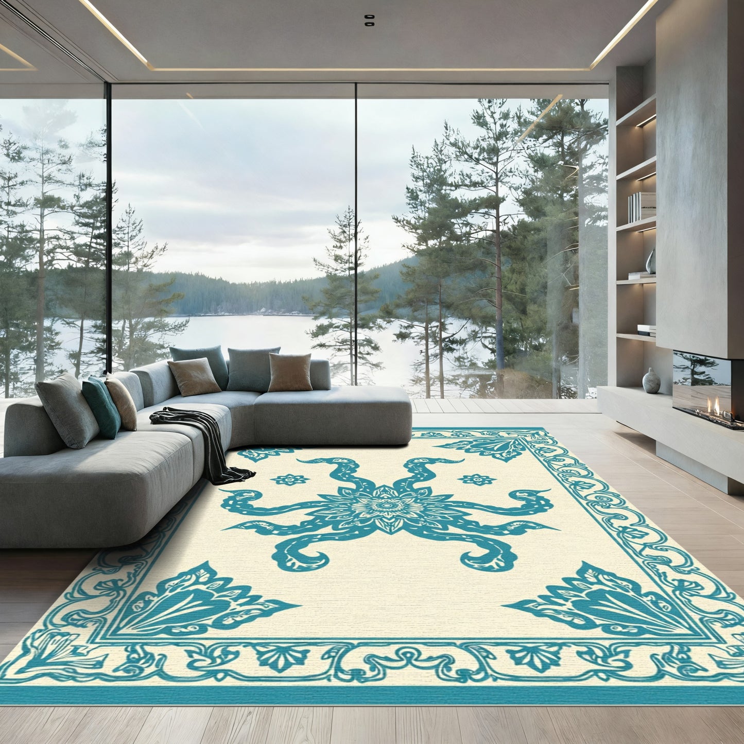Teal Octopus Floral Border Rectangular Rug