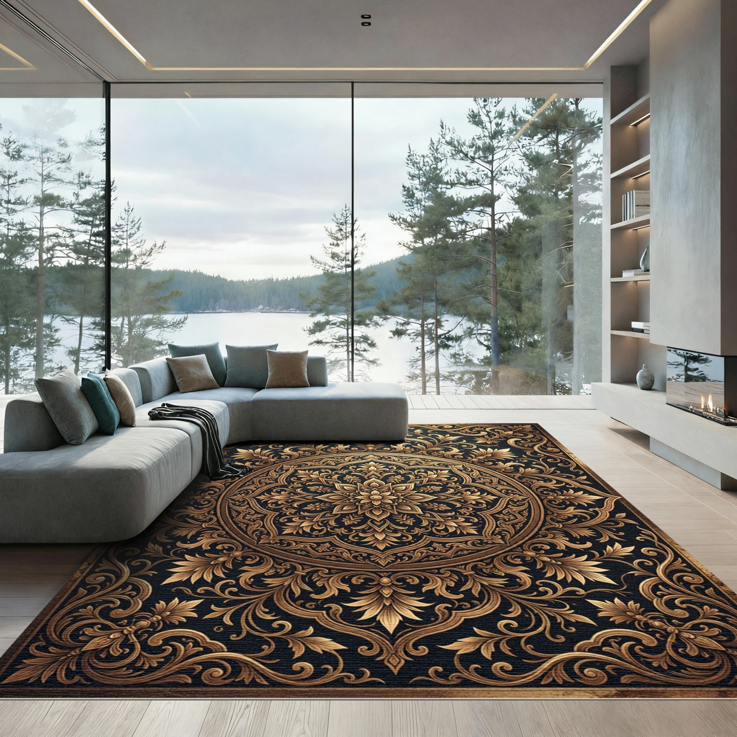 Ornate Golden Arabesque Circular Floral Medallion Rug