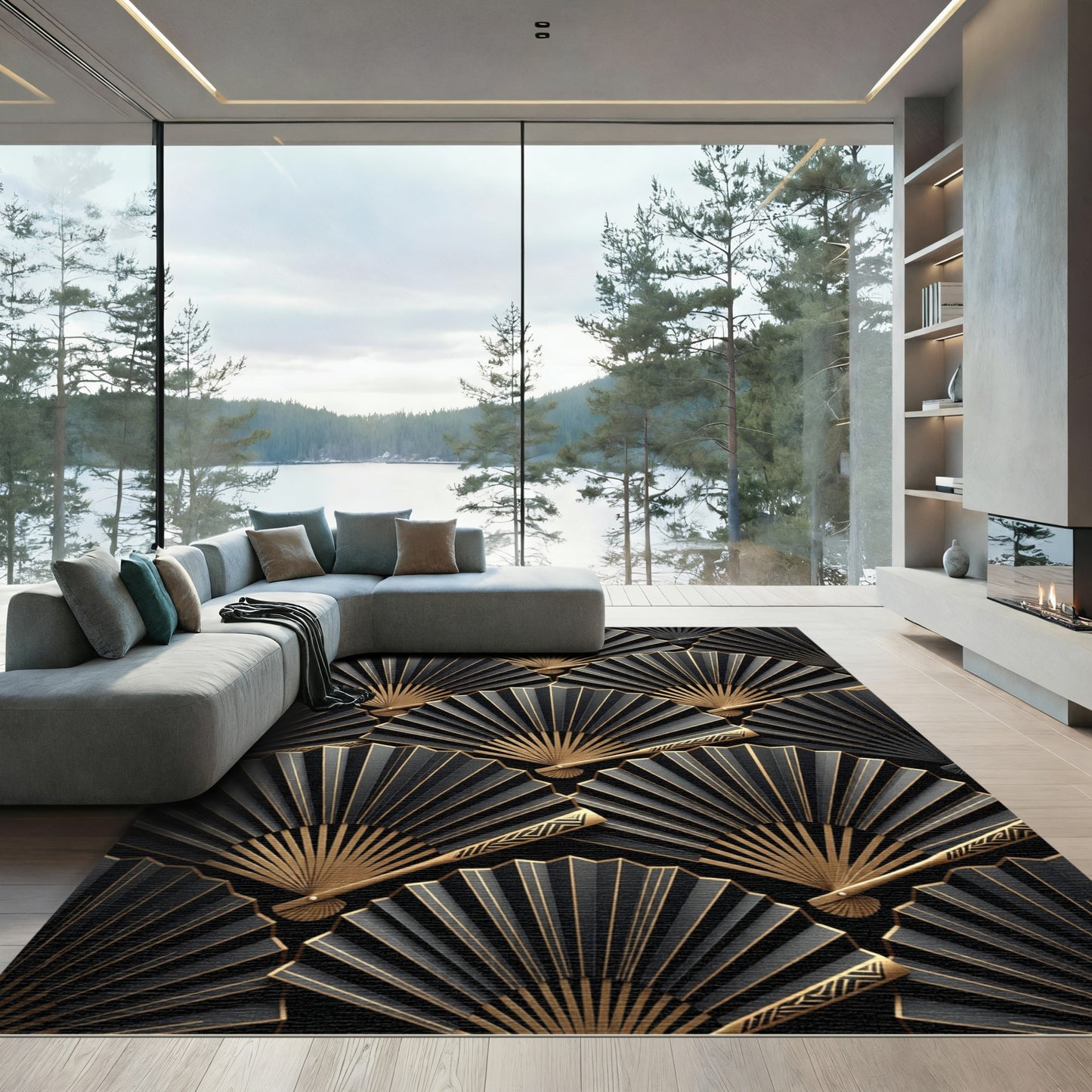 Black Gold Fan Art Deco Rug