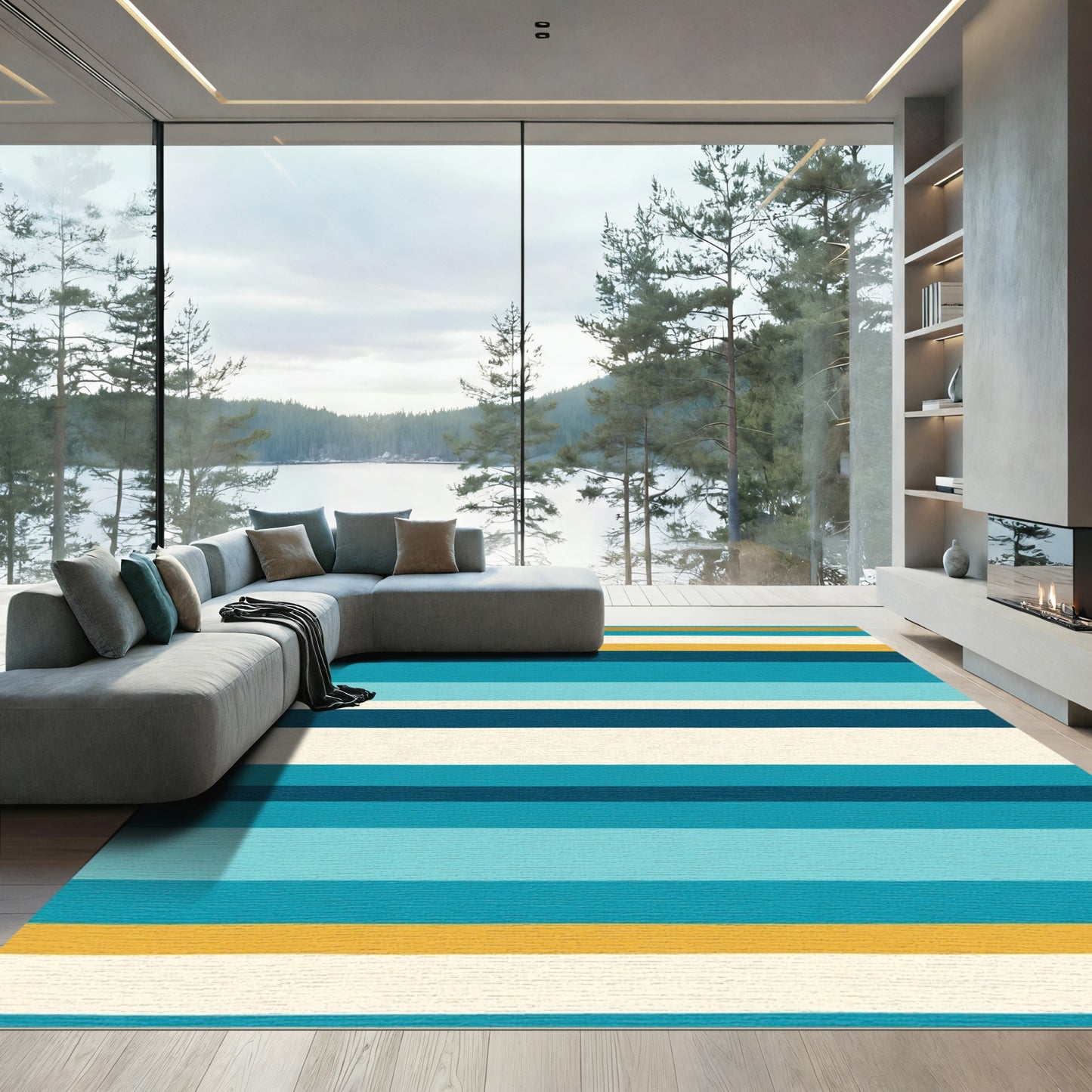 Coastal Teal Yellow Stripe Rug