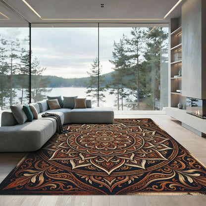 Earthy Copper Lotus Mandala Art Rug