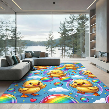 Whimsical Golden Ducklings with Rainbow Bubbles Rug