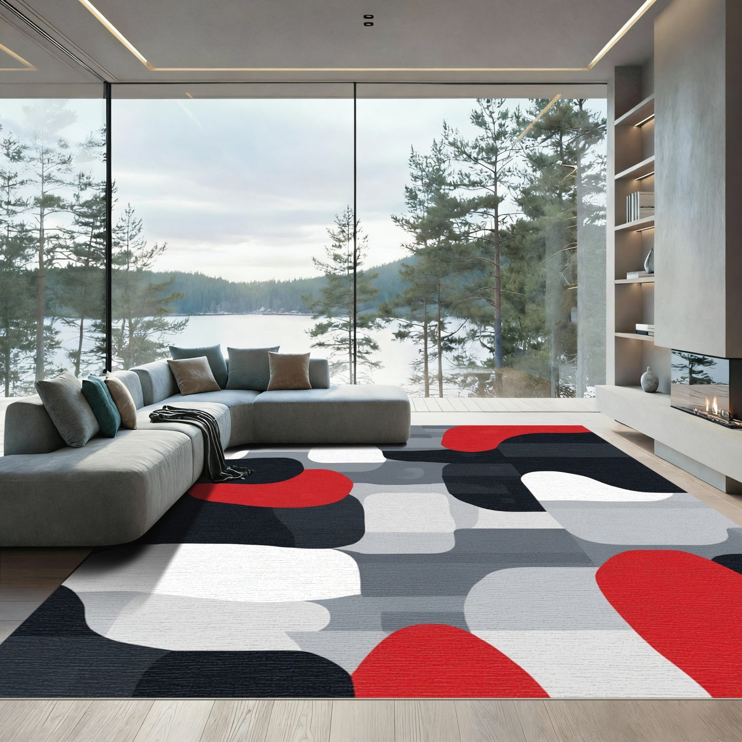 Bold Red White Gray Abstract Flow Rug