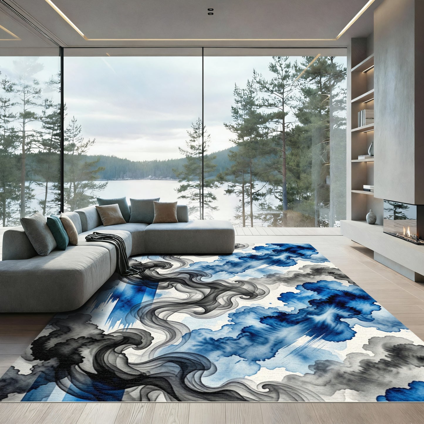 Dynamic Blue Smoke Swirls Rug