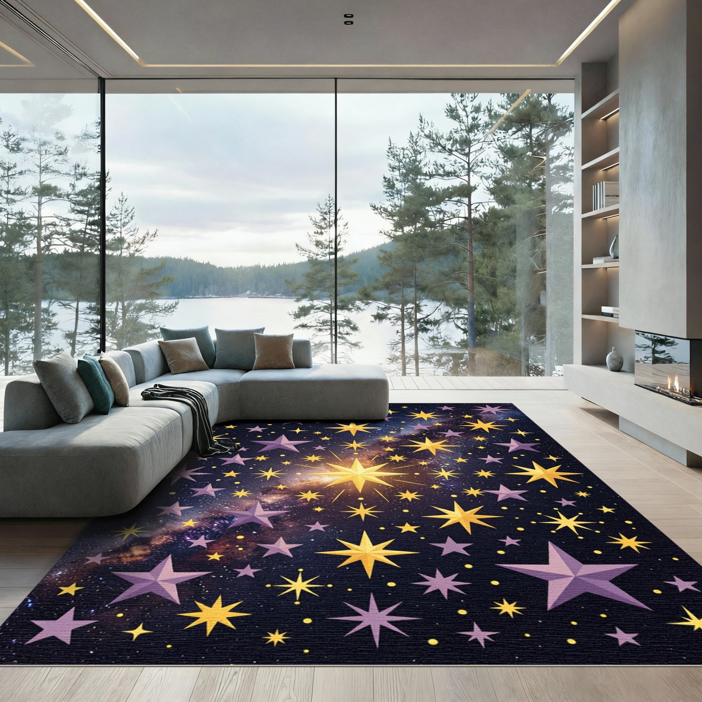 Celestial Golden Stars and Galaxy Sky Rug