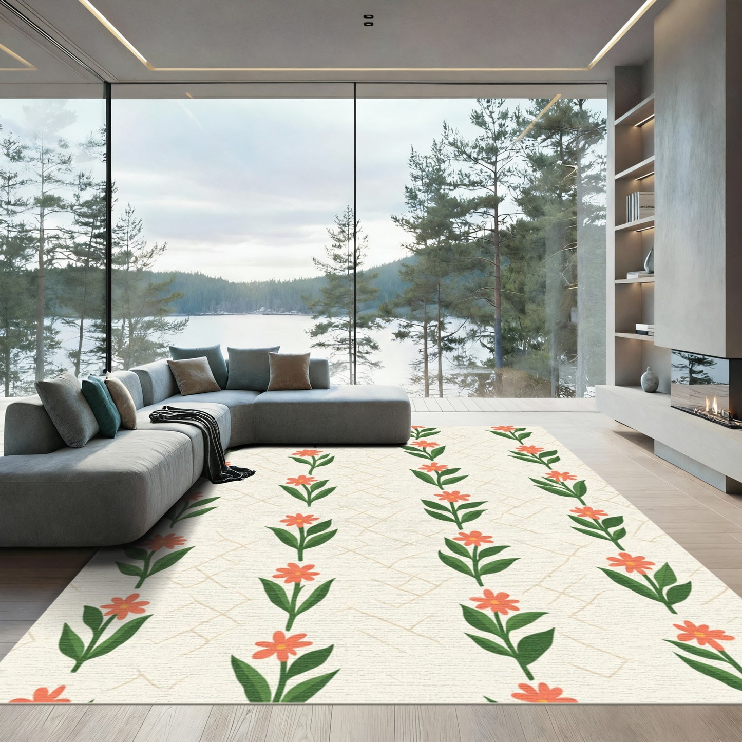 Coral Flower Sprig Cream Grid Rug