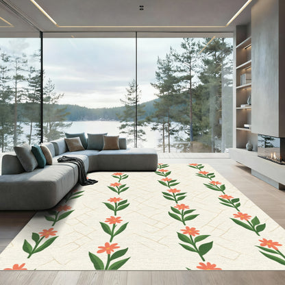 Coral Flower Sprig Cream Grid Rug