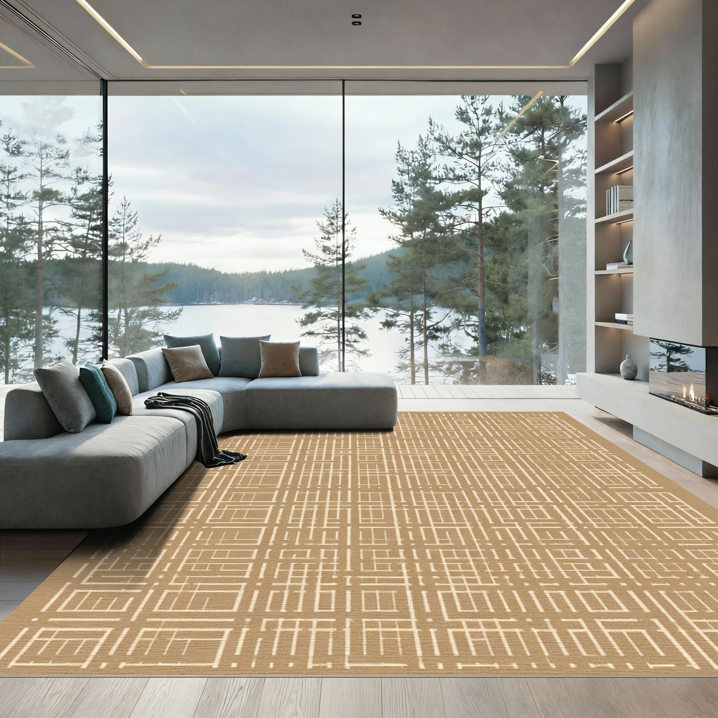 Tan White Grid Lattice Rug