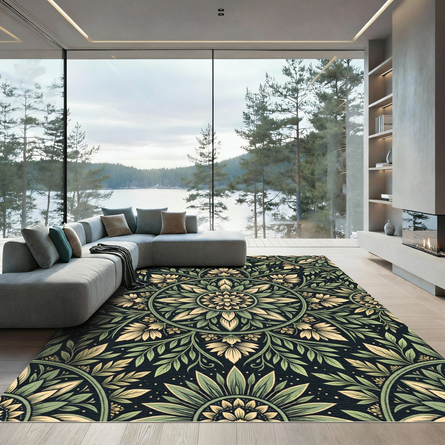 Sage Green Floral Circular Botanical Rug