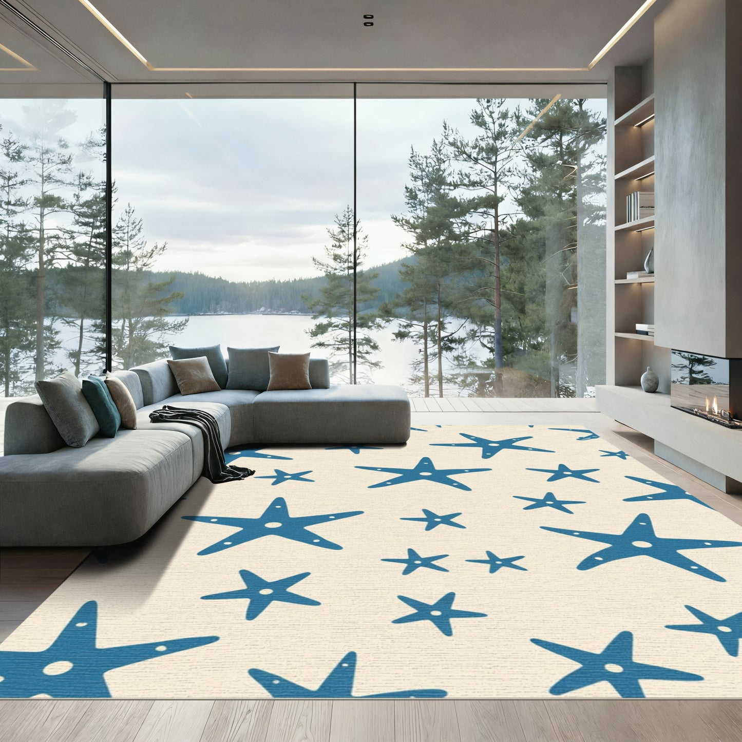 Blue Starfish Scatter Pattern Rug