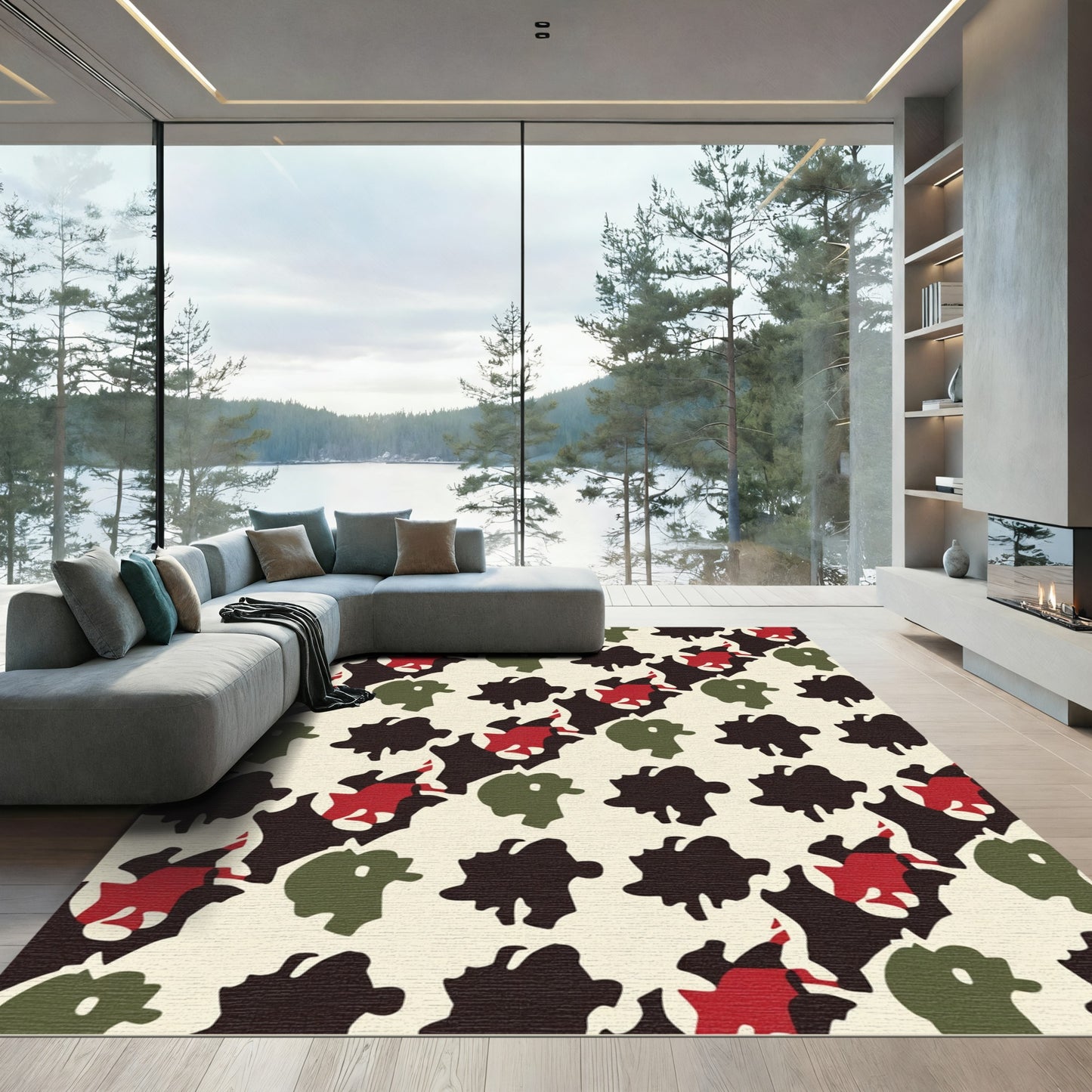 Abstract Red Green Black Organic Shapes Rug