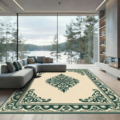 Elegant Cream Forest Green Medallion Rug