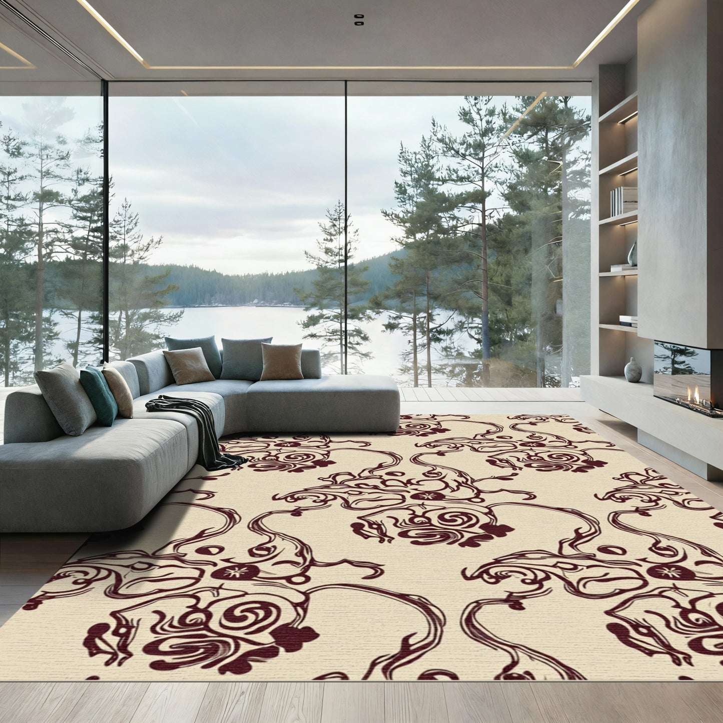 Ornate Burgundy Swirl Floral Medallion Rug