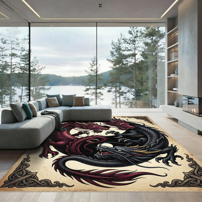 Yin Yang Crimson and Obsidian Dragon Rug