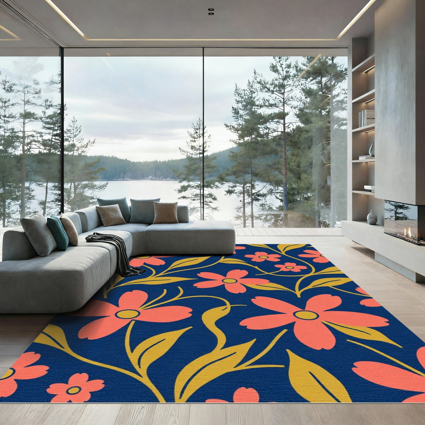 Coral Flowers Navy Blue Golden Vines Rug