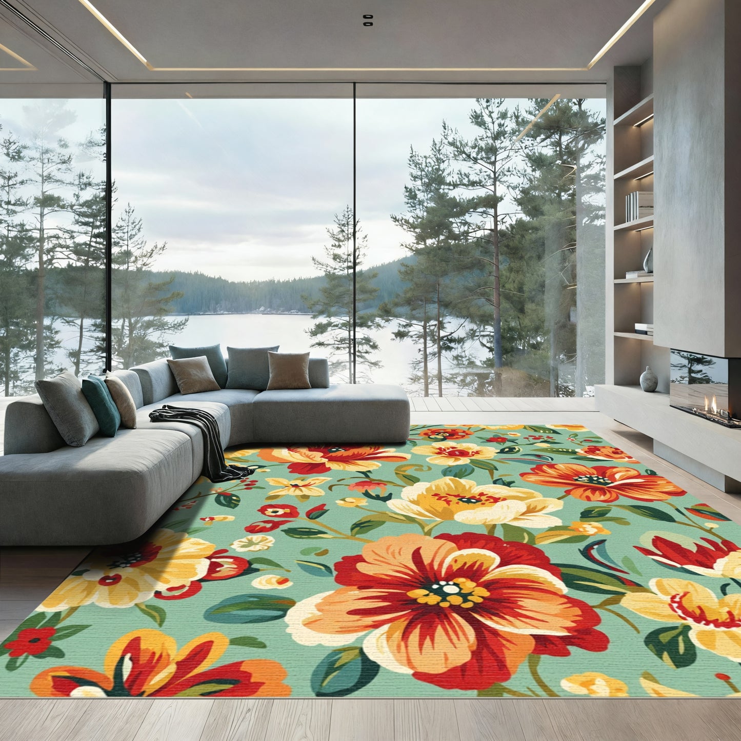 Bold Crimson Yellow Floral Meadow Rug
