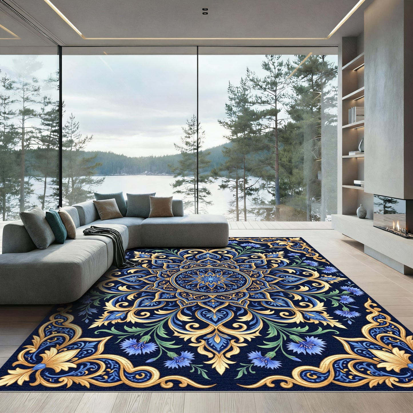 Royal Blue Golden Floral Mandala Rug