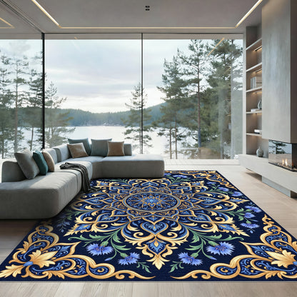 Royal Blue Golden Floral Mandala Rug