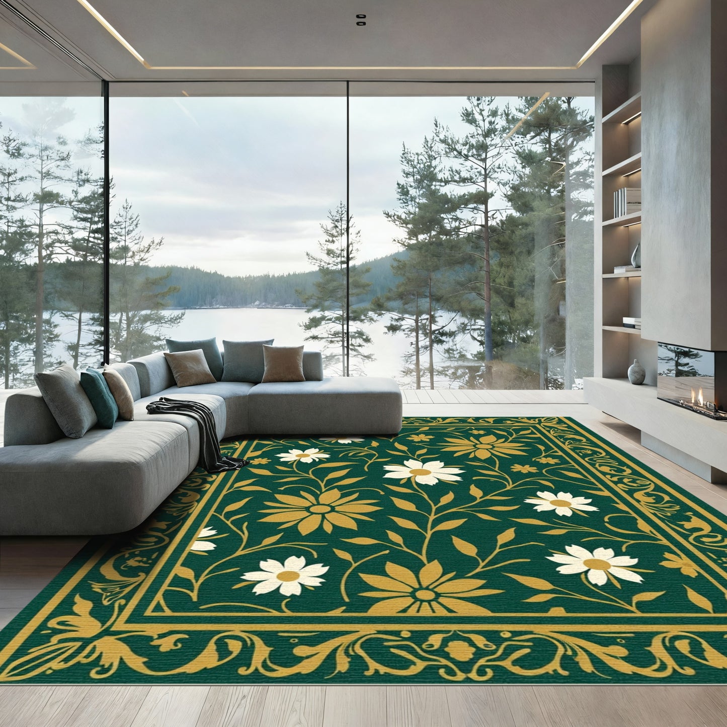 Emerald Golden Floral Vine Border Rug