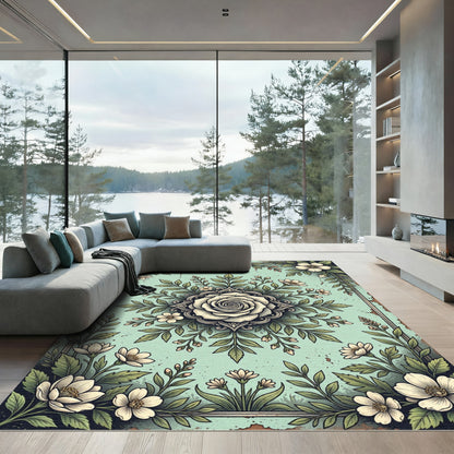 Sage Floral Rose Medallion Botanical Illustration Rug