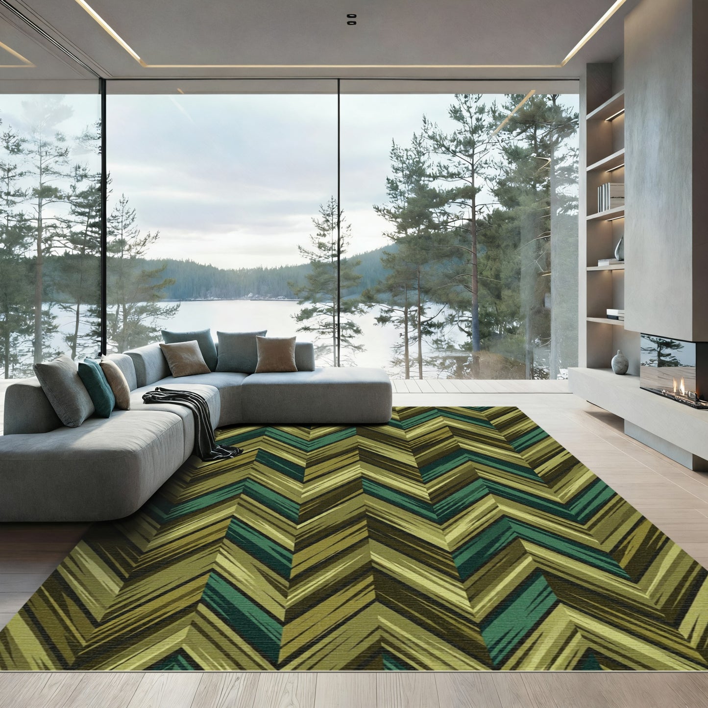 Earthy Green Chevron Brushstroke Rug