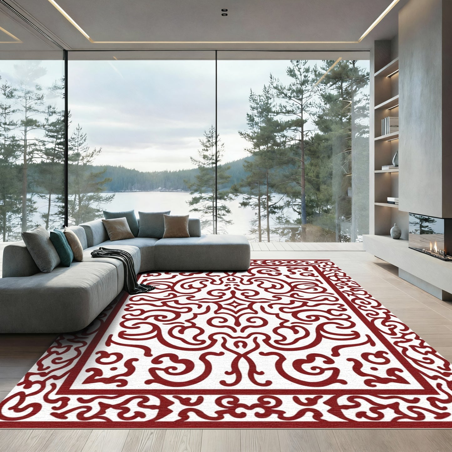 Deep Red Elaborate Swirl Border Rug