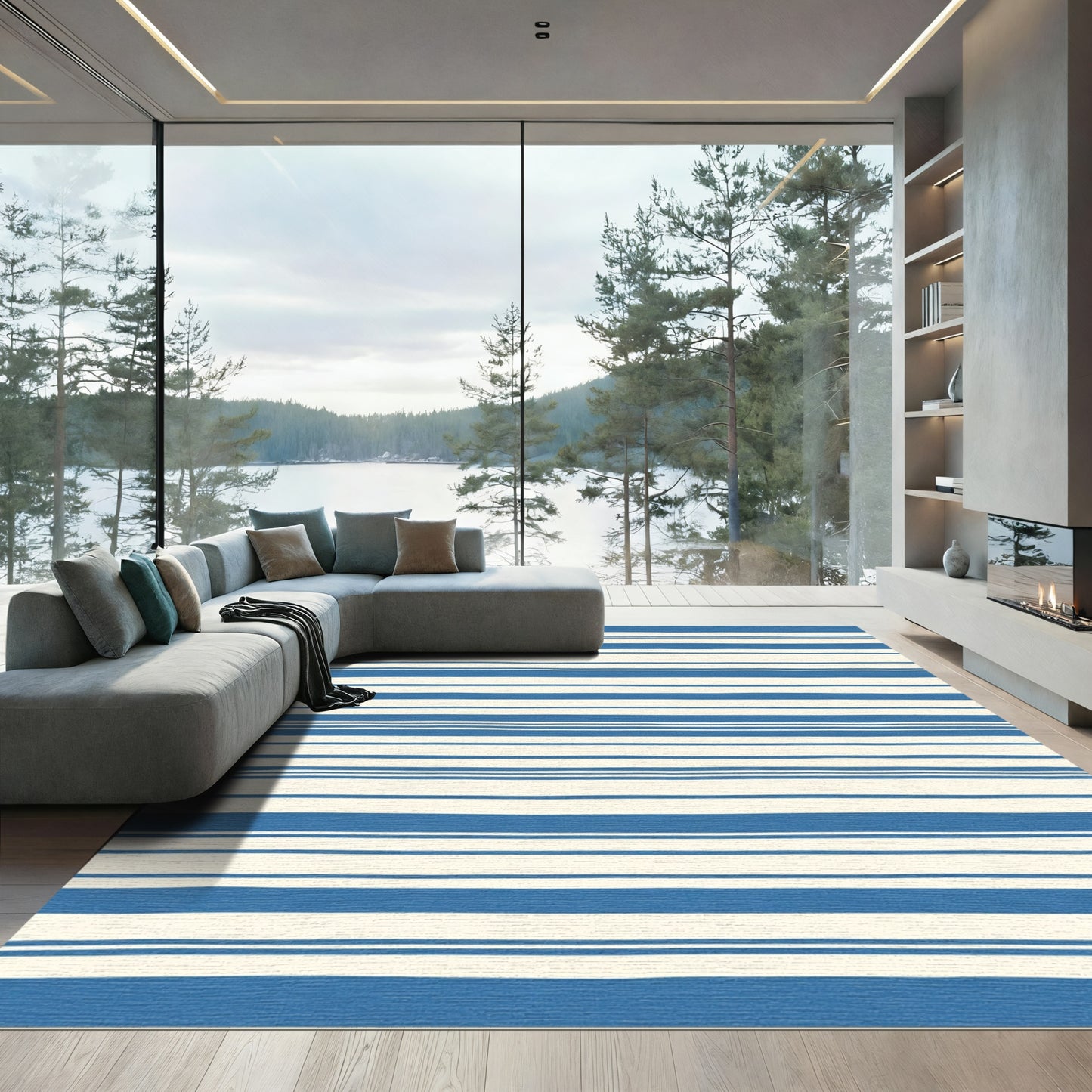 Blue Cream Horizontal Stripe Rug
