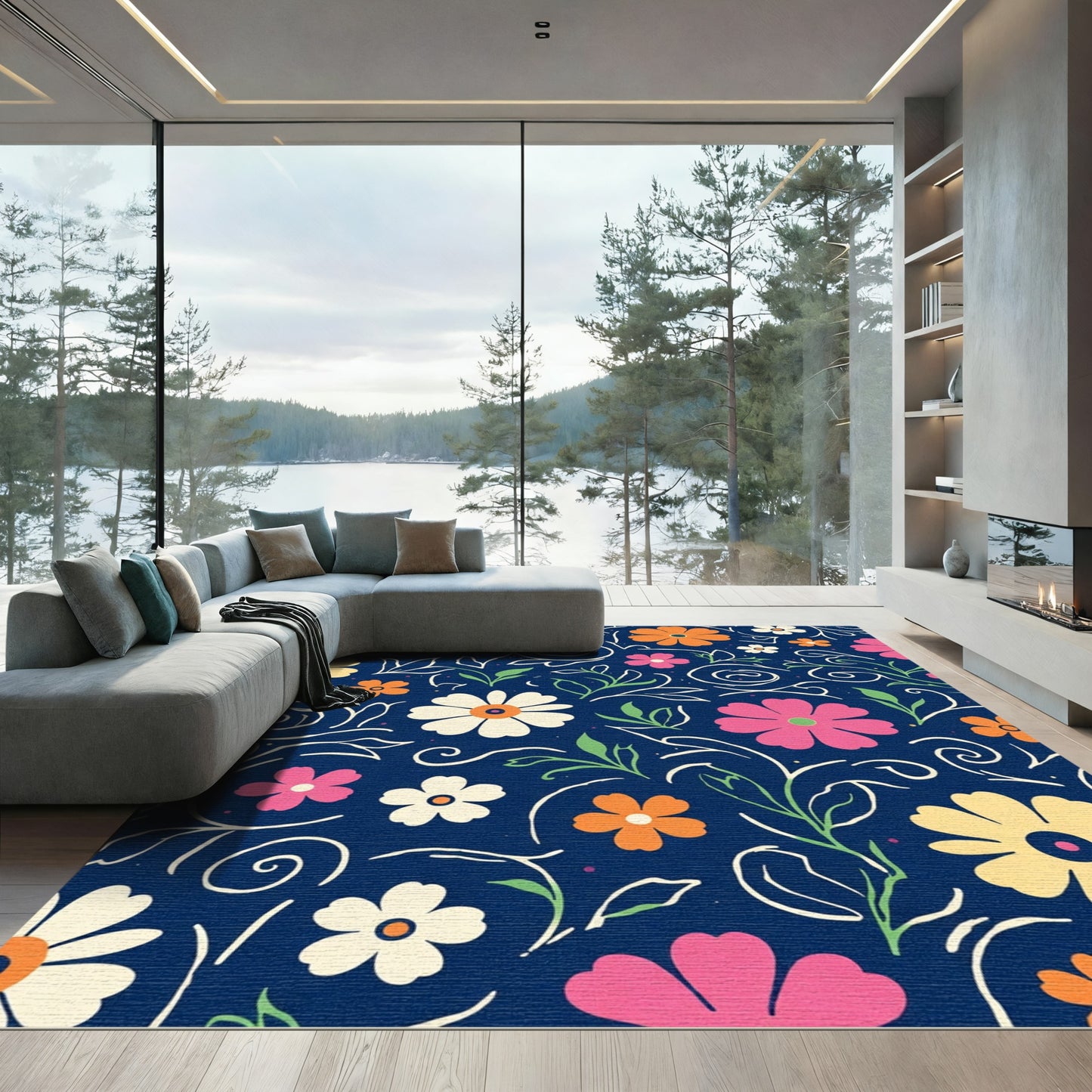 Dark Blue Floral Swirl Garden Rug