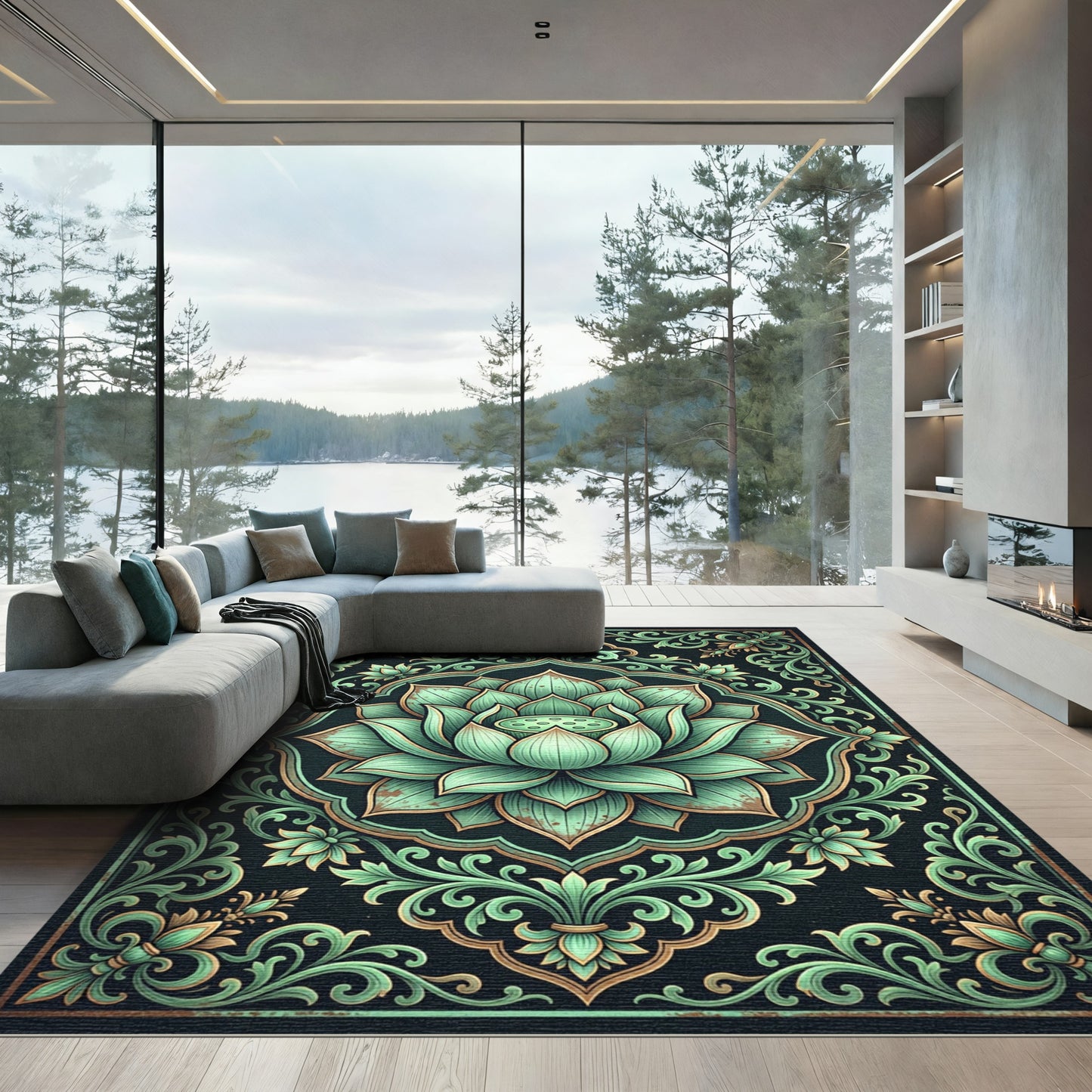 Elegant Mint Lotus Floral Medallion Rug