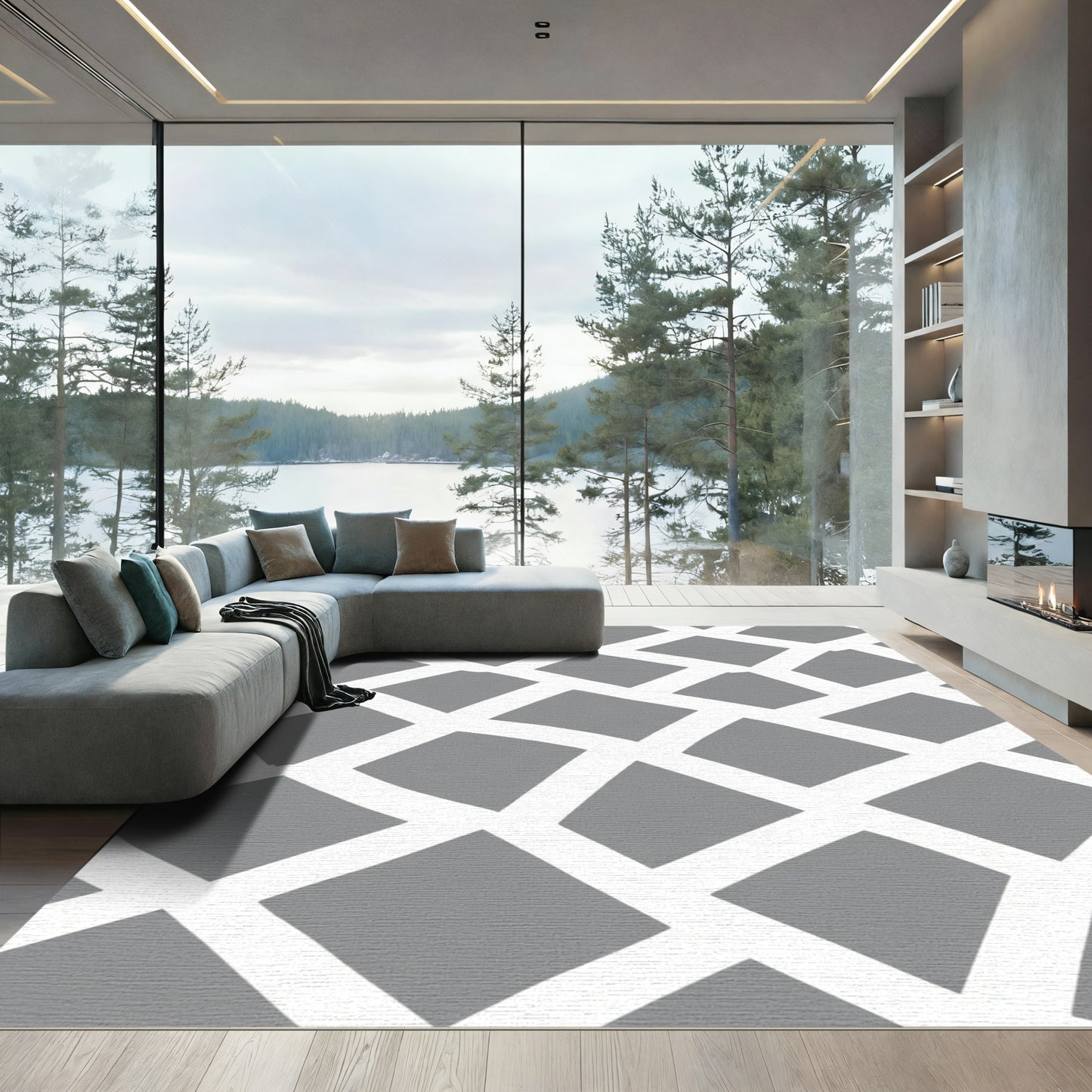 Gray White Intersecting Geo Tiles Rug