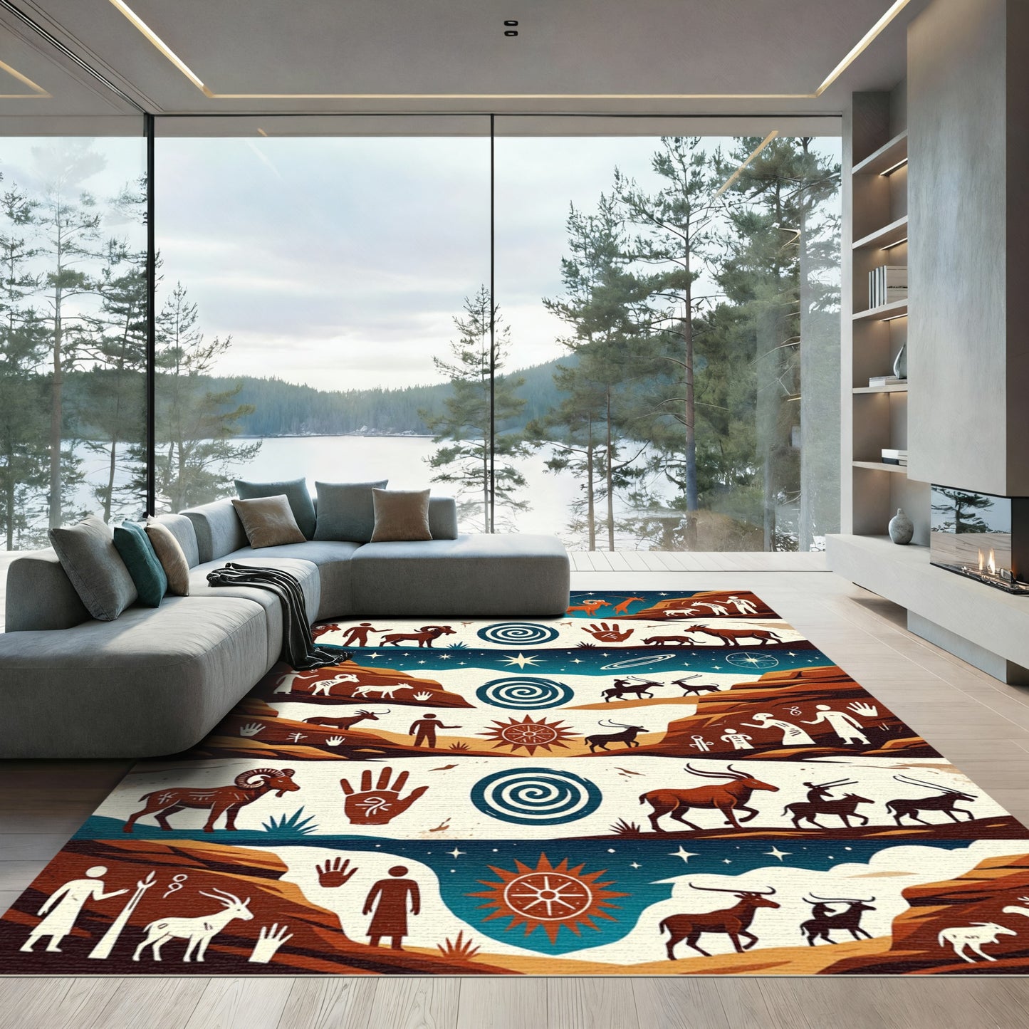 Earthy Celestial Ancient Petroglyph Tapestry Rug