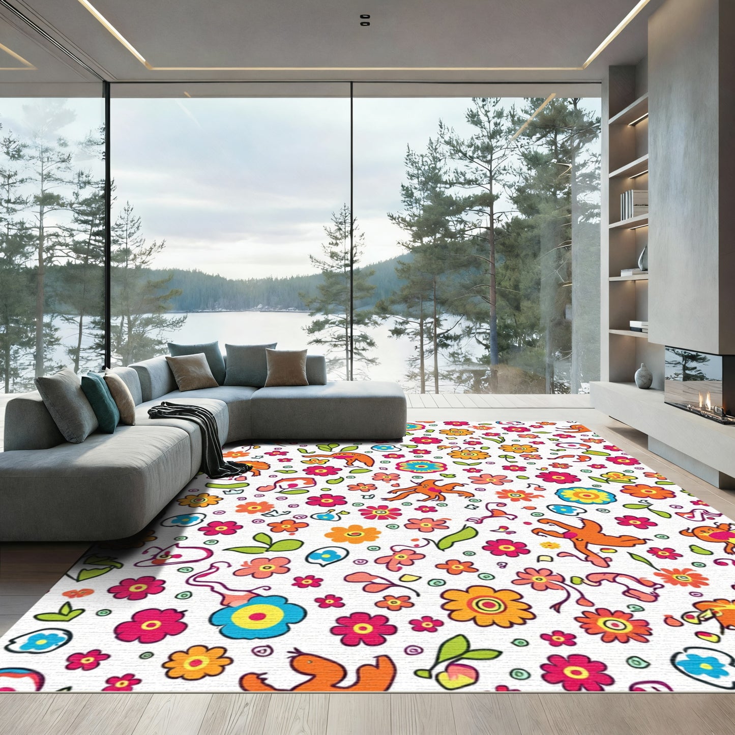 Whimsical Orange Creatures Floral Medley Rug