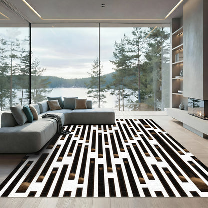 Modern Vertical Striped Abstract Black Brown Rug