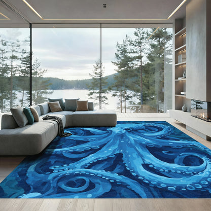 Deep Blue Electric Octopus Swirl Rug