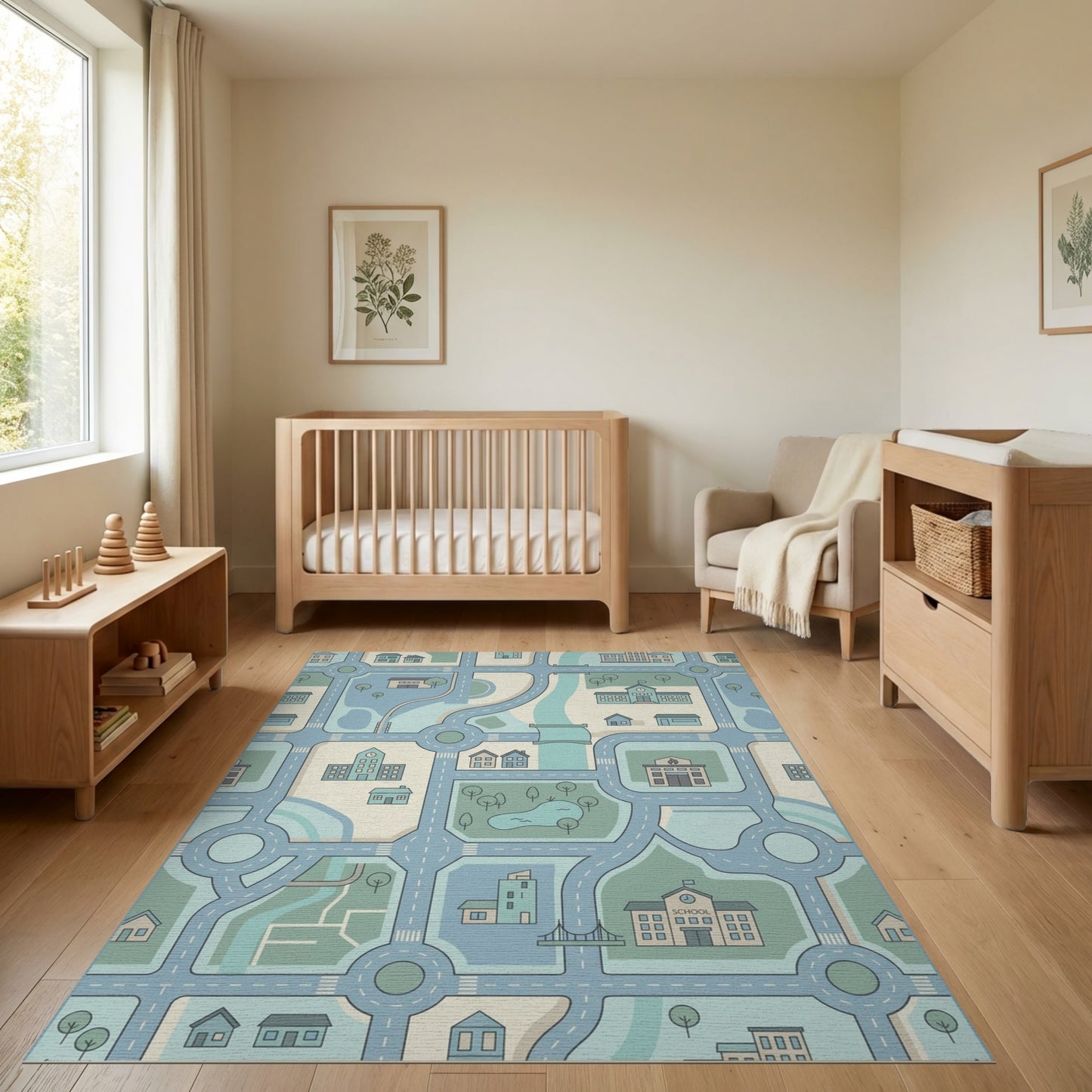 Whimsical Teal City Grid Rug