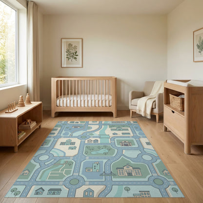 Whimsical Teal City Grid Rug