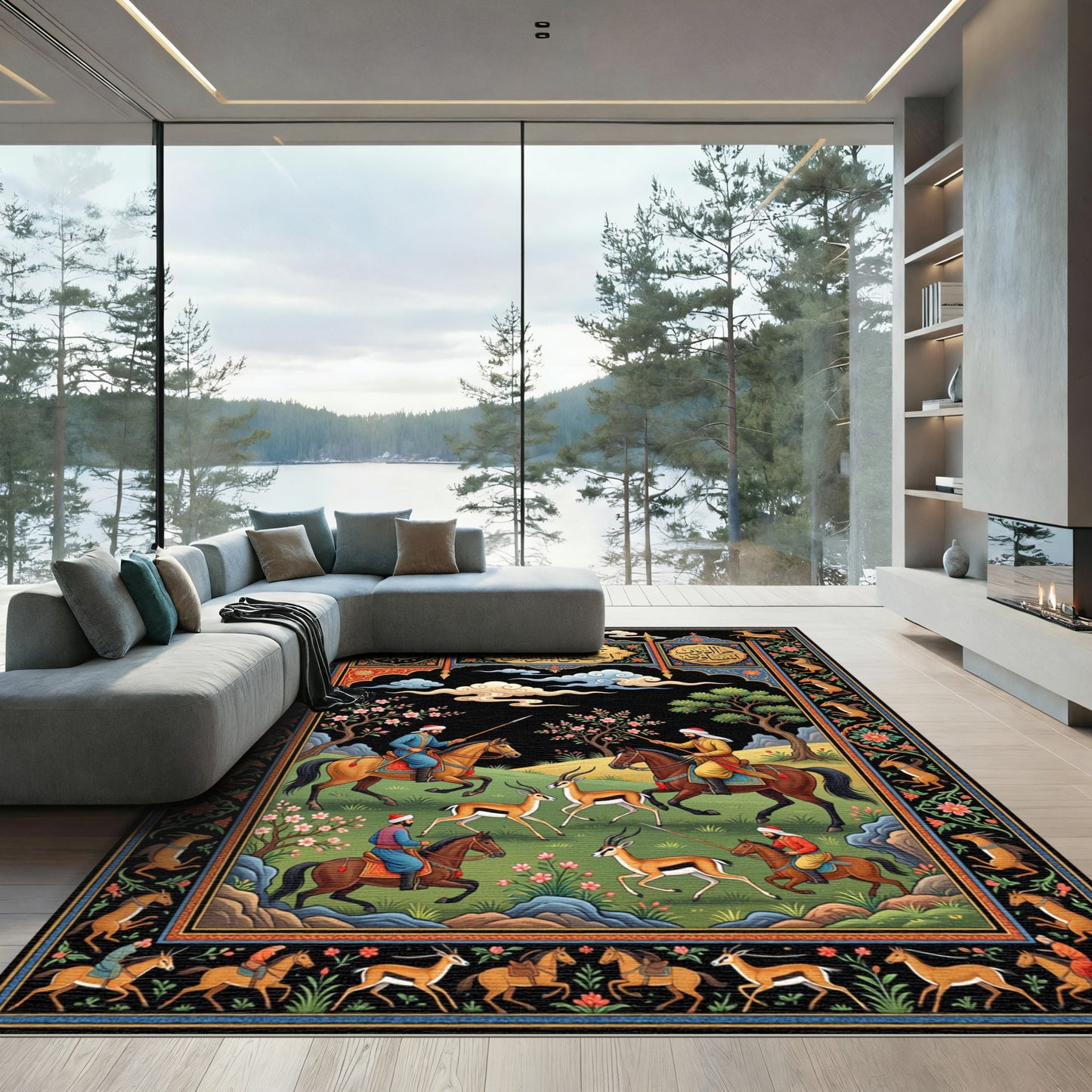 Ornate Hunting Scene Horse Gazelle Rug