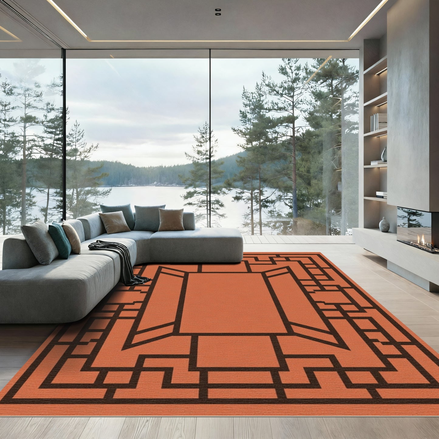 Terracotta Geometric Lattice Frame Rug