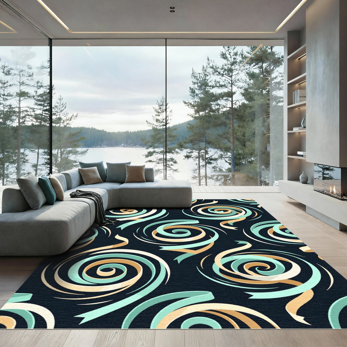 Modern Teal and Gold Swirl Rug