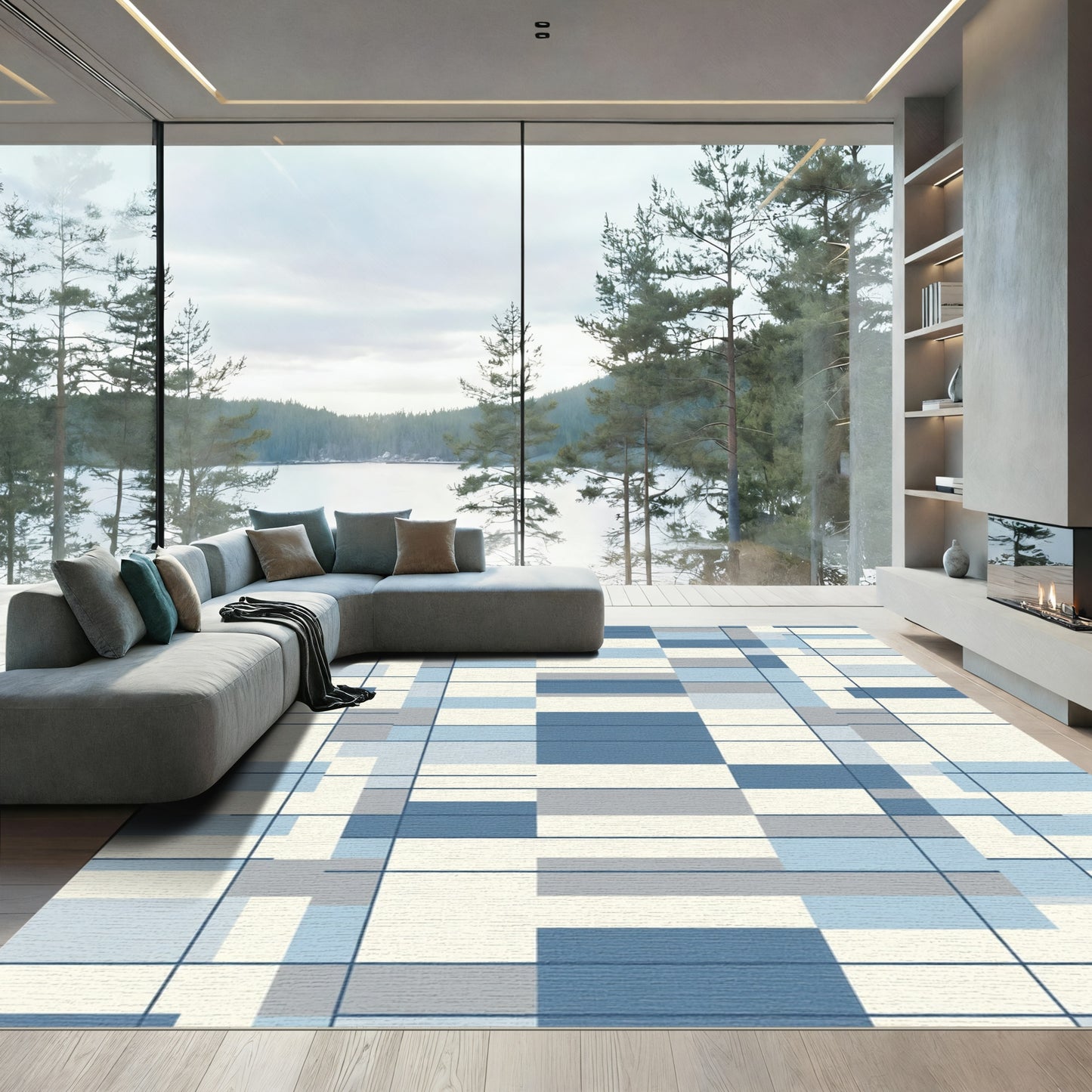 Modern Abstract Blue Geometric Blocks Rug