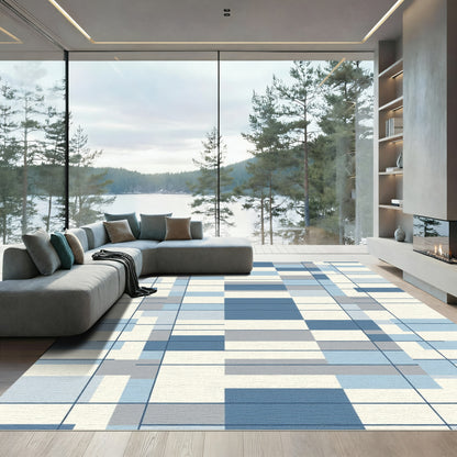 Modern Abstract Blue Geometric Blocks Rug