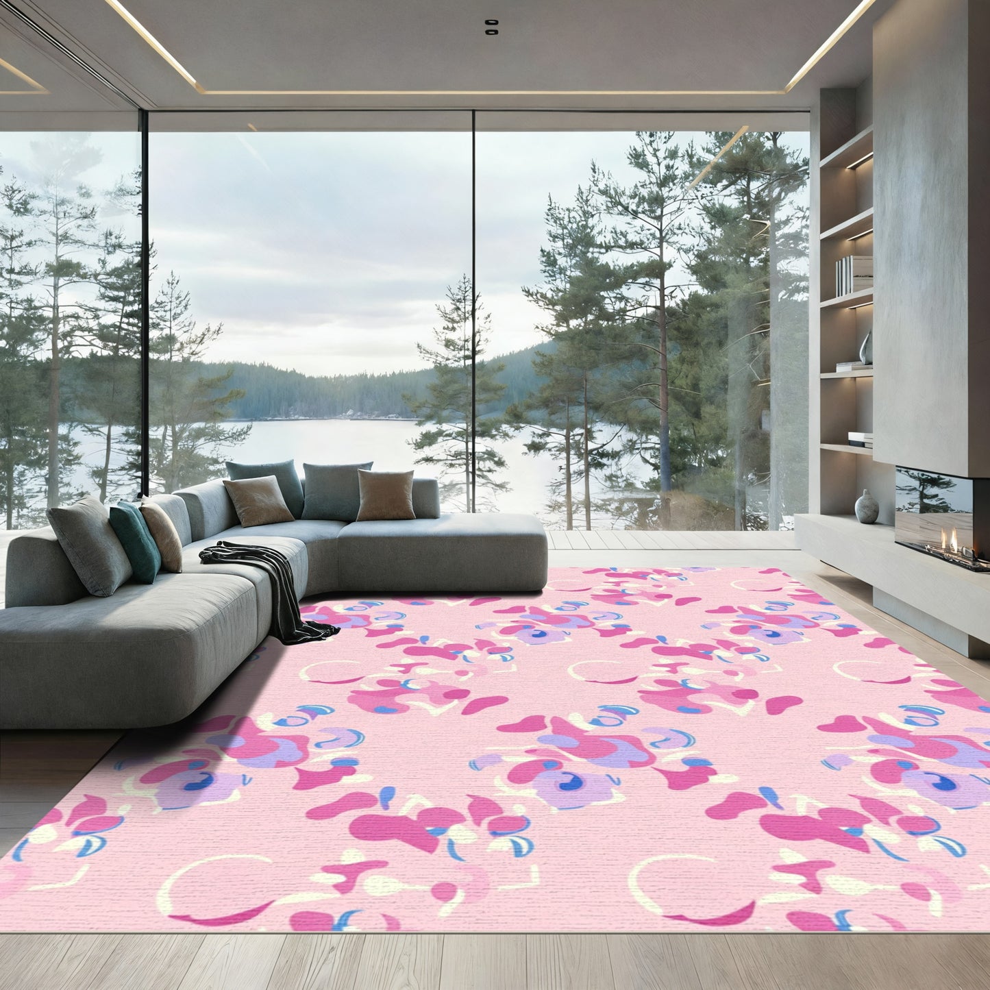 Pink Abstract Floral Swirl Composition Rug