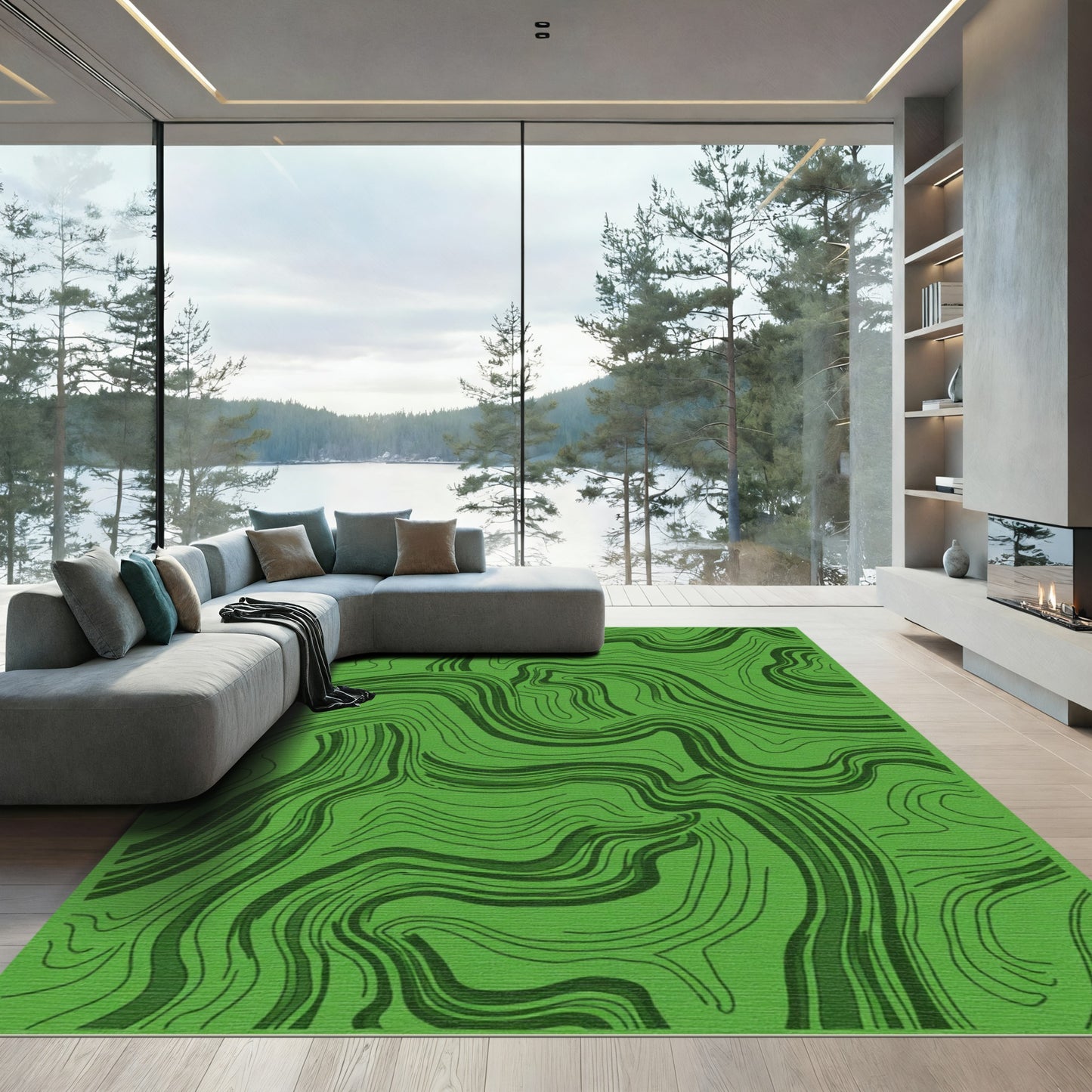 Deep Green Wavy Line Abstract Rug
