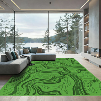 Deep Green Wavy Line Abstract Rug
