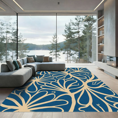 Navy Beige Abstract Floral Swirls Rug