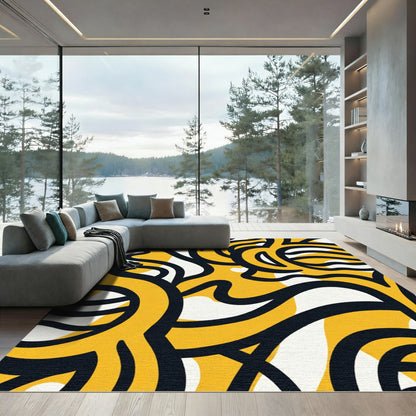 Golden Black Abstract Swirl Rug