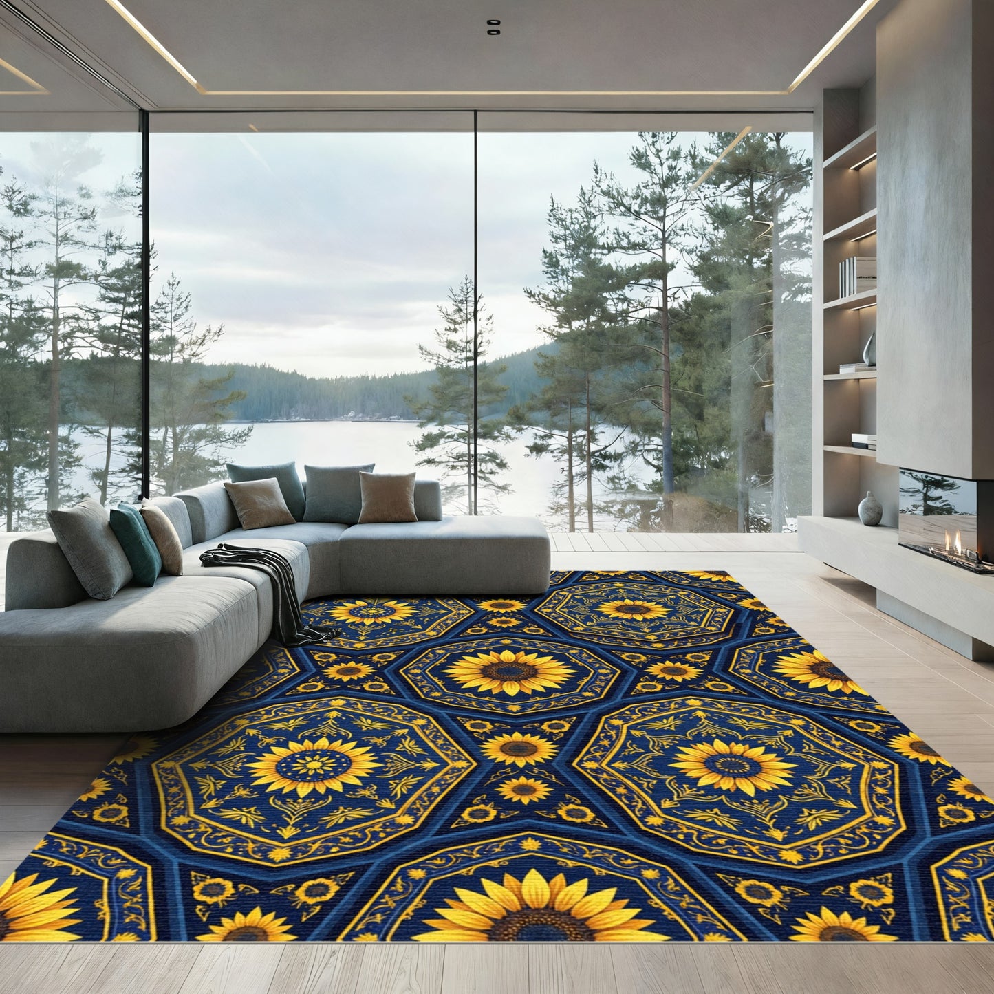 Golden Sunflowers Geometric Navy Tile Rug